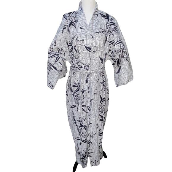 Vintage 1980s Cotton Summer Kimono Yukata Blue White Floral Bamboo Motif Size M - Picture 1 of 12